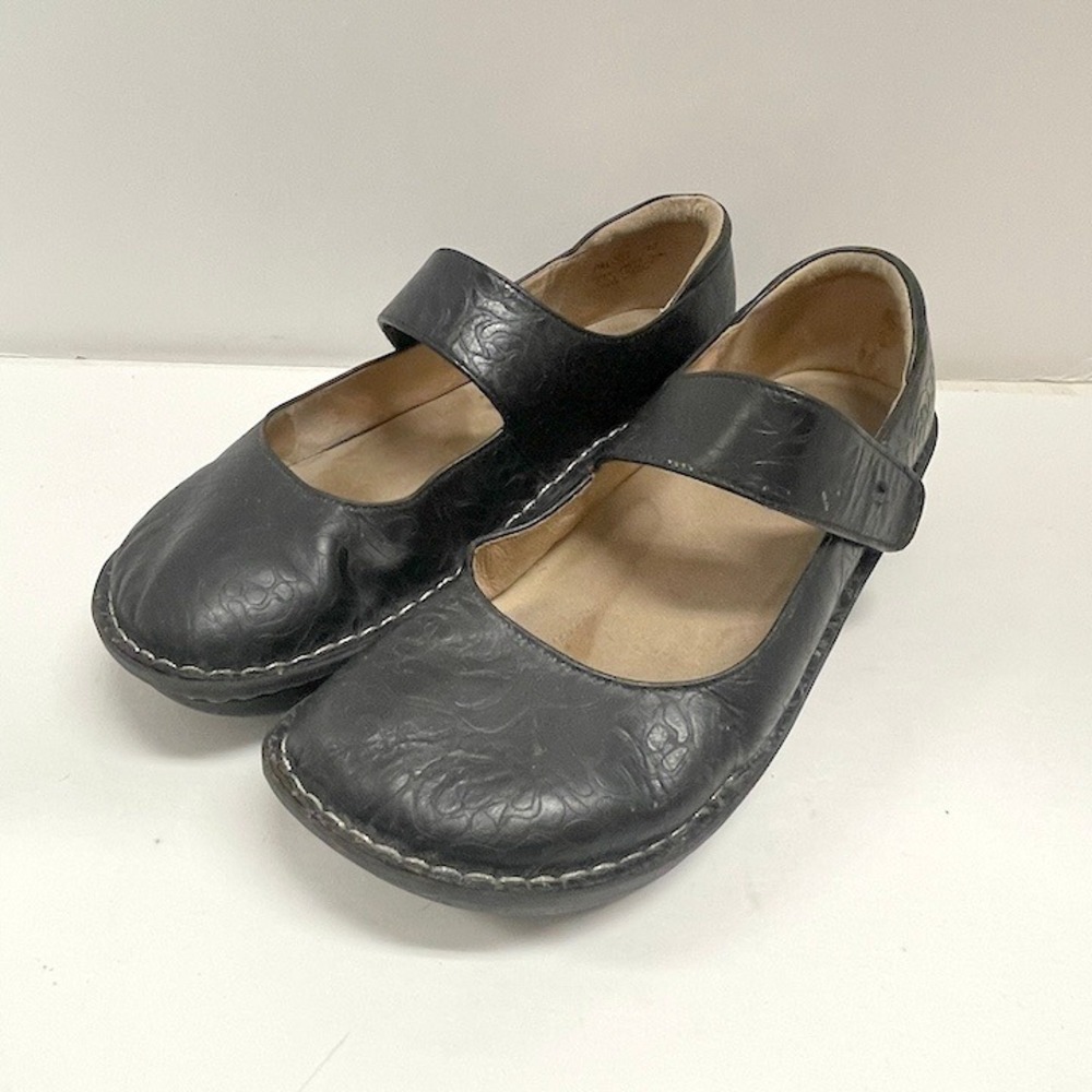 Allegria Mary Jane Shoes Black Embossed Leather Comfort Strap Size EU40 US9